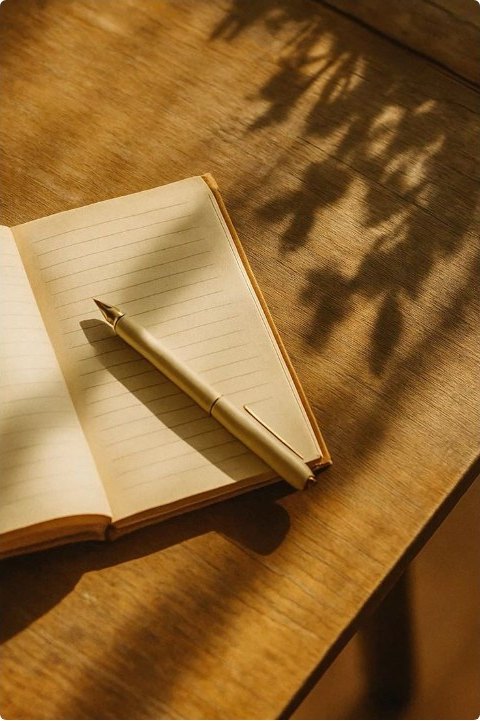 An open notebook and fountain pen on a wooden table in dappled morning light