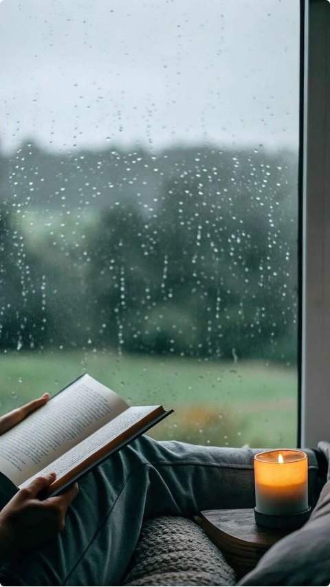 Reading by a rain-streaked window with a lit candle and green fields beyond