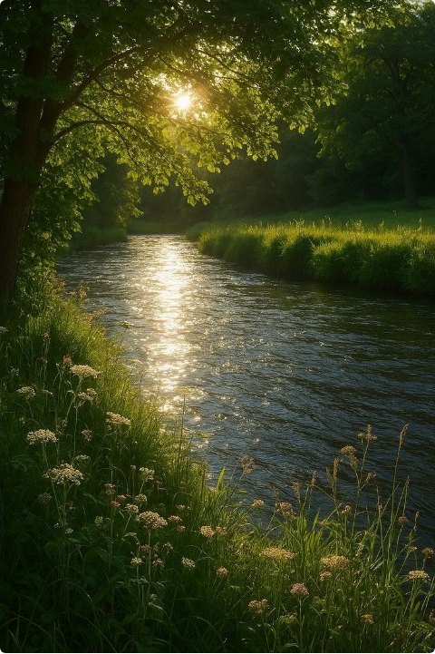 Sunlight breaking through trees over a slow green river lined with wildflowers