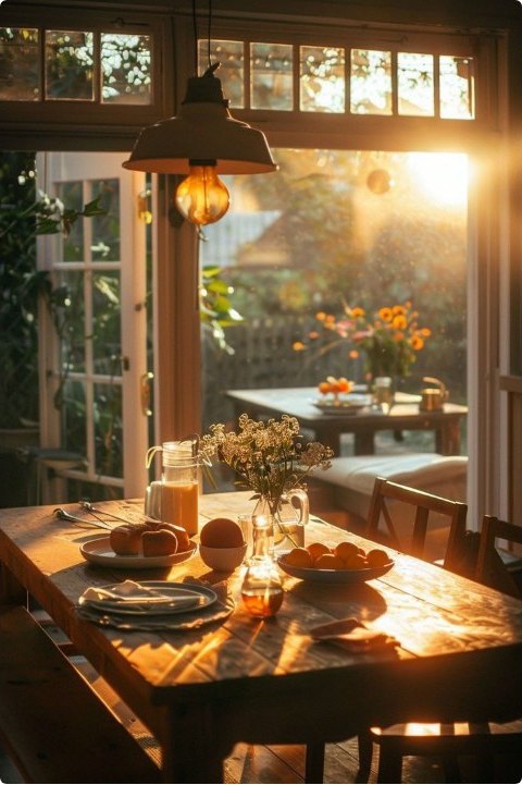 A breakfast table in warm evening light with open doors to a garden