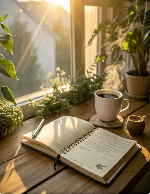 A journal and steaming coffee on a windowsill at sunrise, surrounded by plants