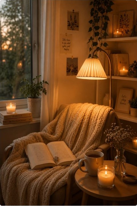 A lamplit reading corner at dusk with an open book, blanket and candles