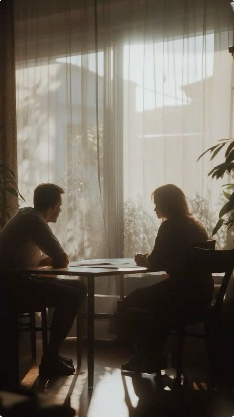 Two people in conversation at a table by a sunlit curtained window
