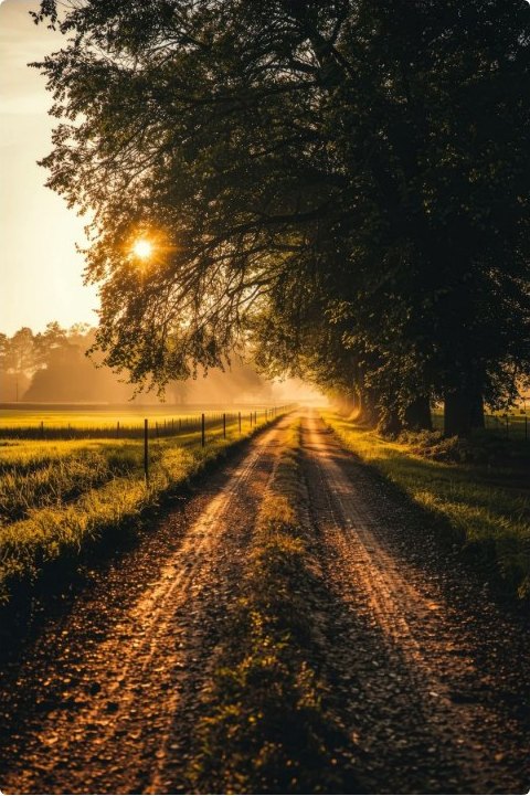 A tree-lined country road at sunrise, light breaking through the branches
