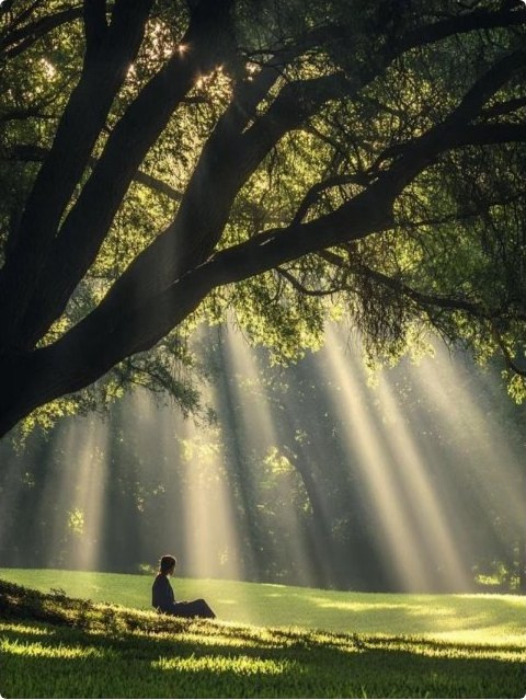 A person sitting alone on a lawn as sunbeams fall through a great tree