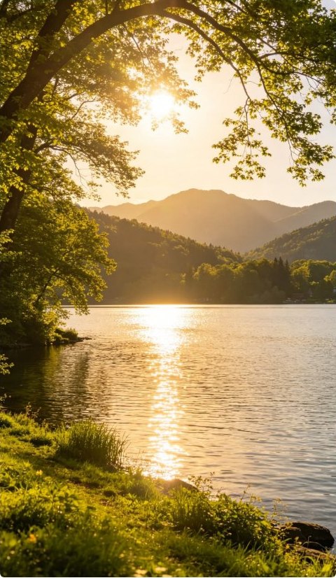 Golden light over a still lake ringed by green hills