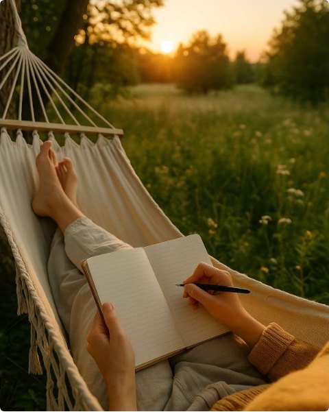 Writing in a notebook while lying in a hammock at golden hour