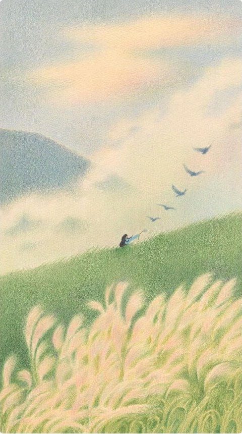 An illustrated hillside of pink grasses with birds rising into a pastel sky