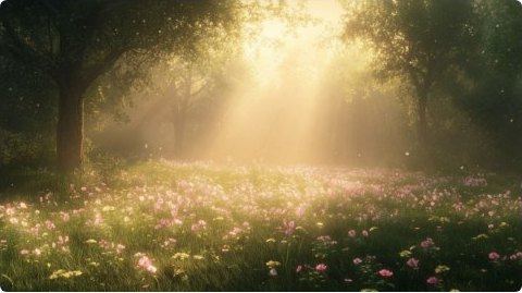 Light falling through trees onto a meadow of pink wildflowers