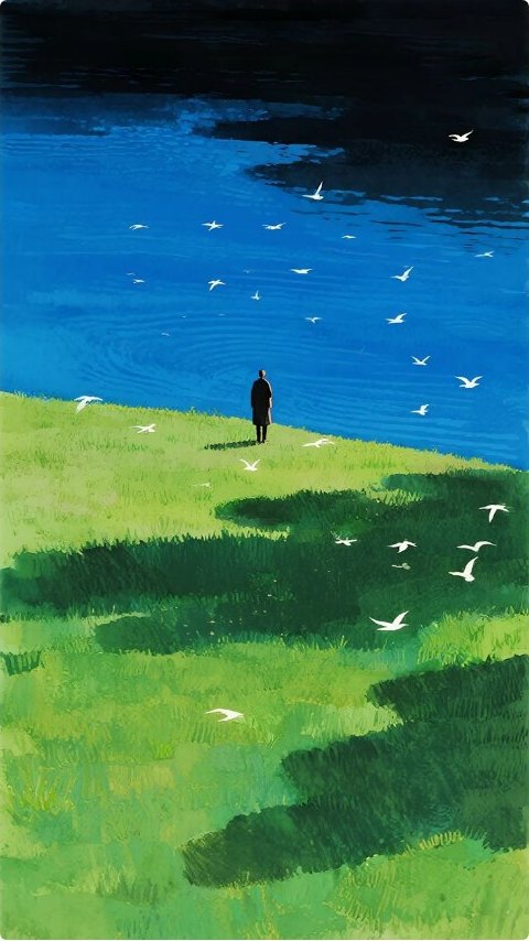 An illustrated figure on a green shore watching gulls over deep blue water