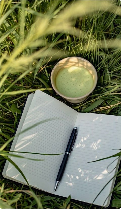 An open notebook, pen and matcha in tall sunlit grass