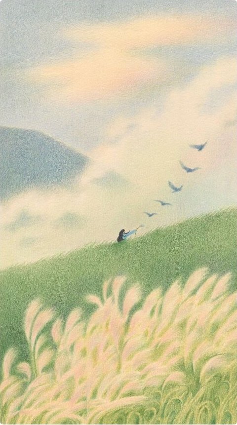 An illustrated hillside of pink grasses with birds rising into a pastel sky