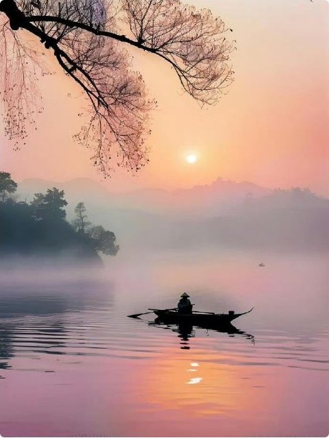 A lone boatman on a misty lake at sunrise beneath blossoming branches