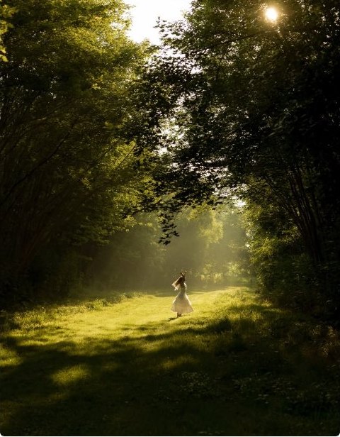 A figure walking a sunlit forest clearing at golden hour