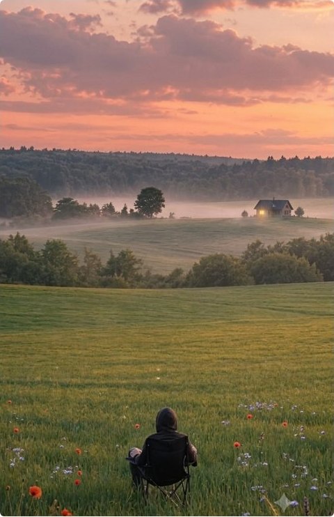 A person sitting alone in a wildflower meadow at sunrise