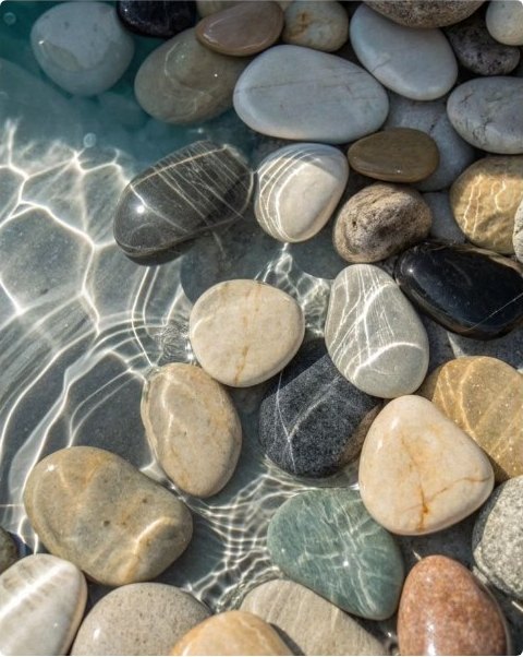 Smooth river stones under clear rippling water