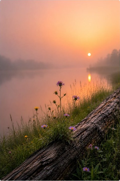 Wildflowers and a fallen log by a misty lake at sunrise