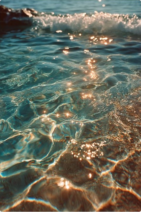 Sunlit shallow water breaking over a bright shoreline