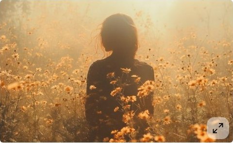 A figure standing in a field of golden wildflowers in soft haze