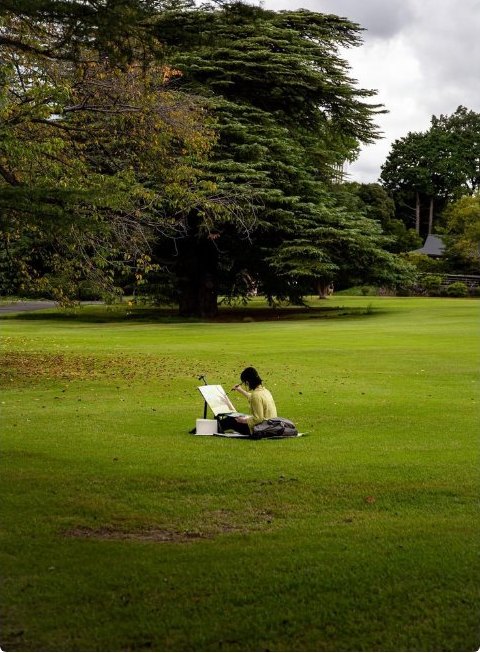 A person painting at an easel on a wide green lawn beneath old trees