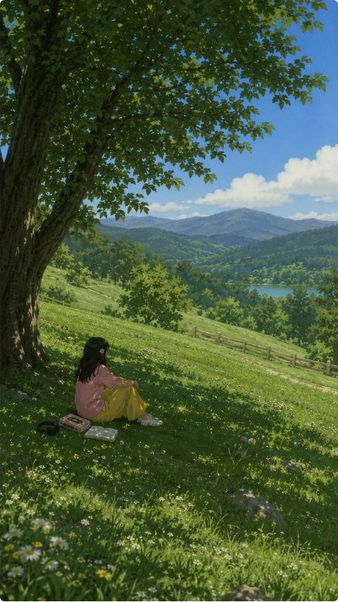 Sitting beneath a large tree on a green hillside above a distant lake