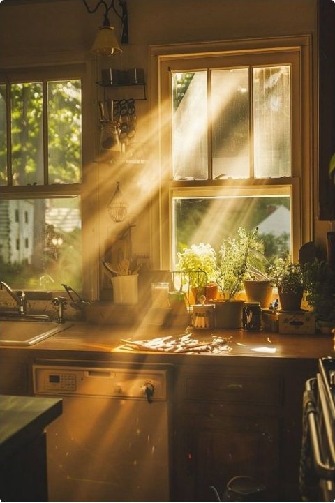 Morning light streaming through a kitchen window onto plants and a sink