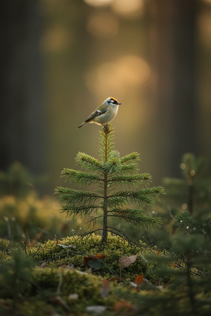 A small bird perched on a young pine in golden light