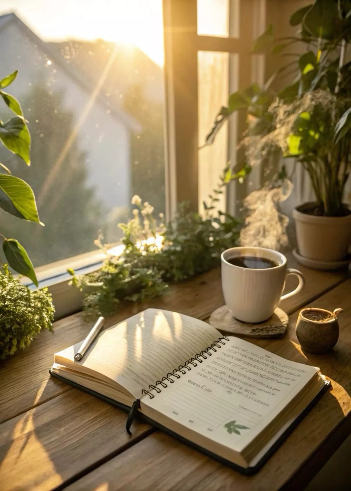 Open journal and coffee on a wooden table in morning sunlight
