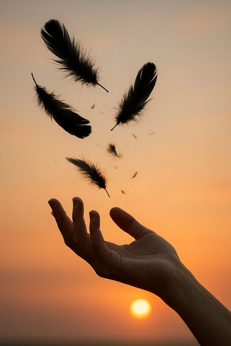 Hand releasing feathers into a sunset sky