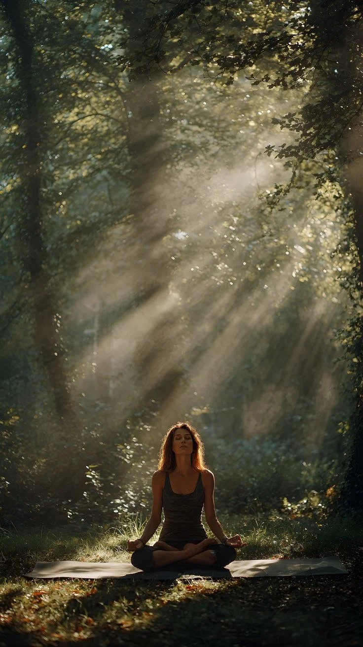 Woman meditating in a sunlit forest with light streaming through trees
